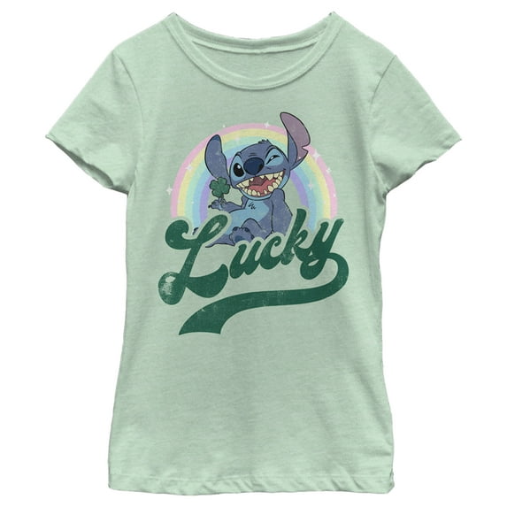 Girl's Lilo & Stitch Distressed Lucky Wink Graphic Tee Mint Medium