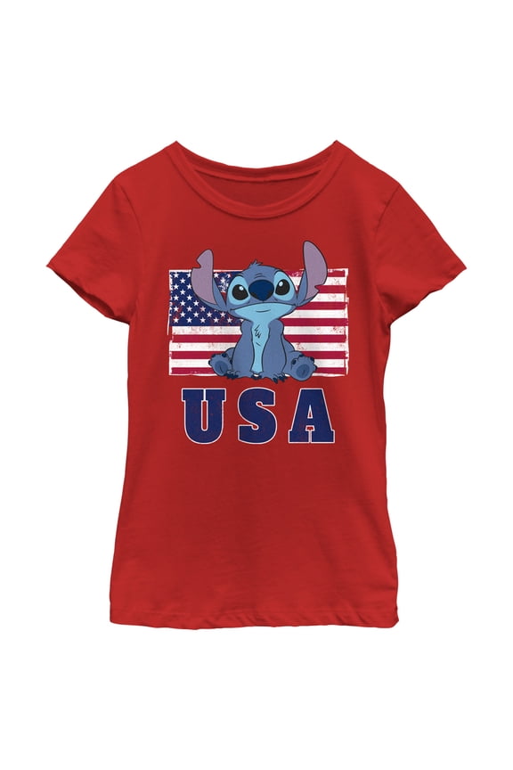 Girl's Lilo & Stitch Distressed Red, White, and Blue Graphic Tee Red Medium