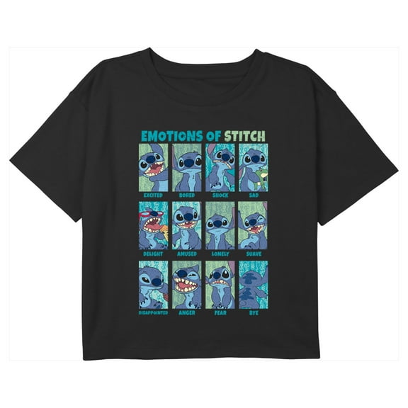 Girl's Lilo & Stitch Emotions of Stitch Graphic Cropped T-Shirt Black Small