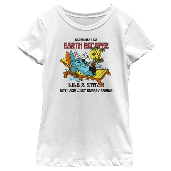Girl's Lilo & Stitch Experiment 626 Earth Escape Not Lazy, Just Energy Saving  Graphic Tee White Medium