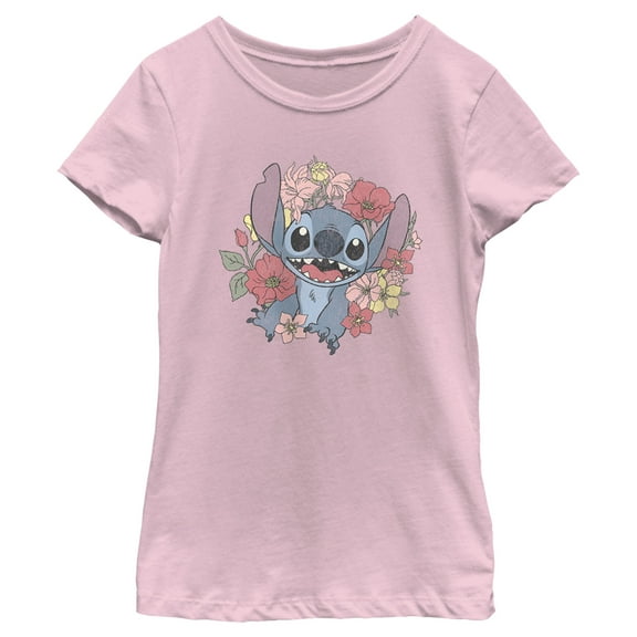 Girl's Lilo & Stitch Floral Distressed Stitch  Graphic Tee Light Pink X Large