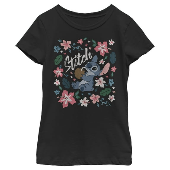 Girl's Lilo & Stitch Flowers and a Coconut Graphic Tee Black Large