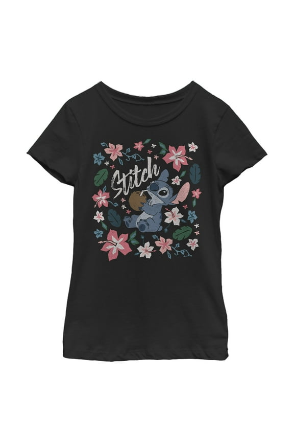 Girl's Lilo & Stitch Flowers and a Coconut Graphic Tee Black Large