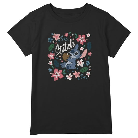 Girl's Lilo & Stitch Flowers and a Coconut Graphic Tee Black XX Large Plus