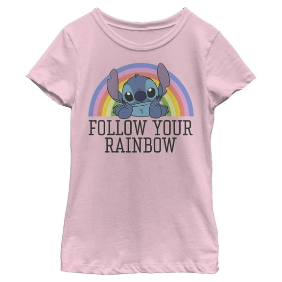 Girl's Lilo & Stitch Follow Your Rainbow Stitch  Graphic Tee Light Pink Small