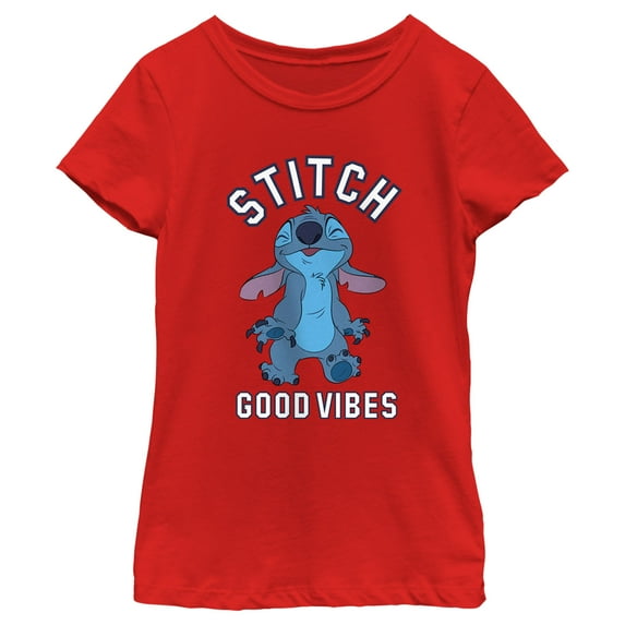 Girl's Lilo & Stitch Good Vibes Happy Stitch Graphic Tee Red Medium