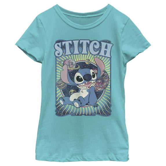 Girl's Lilo & Stitch Groovy Planets Stitch Graphic Tee Tahiti Blue Small