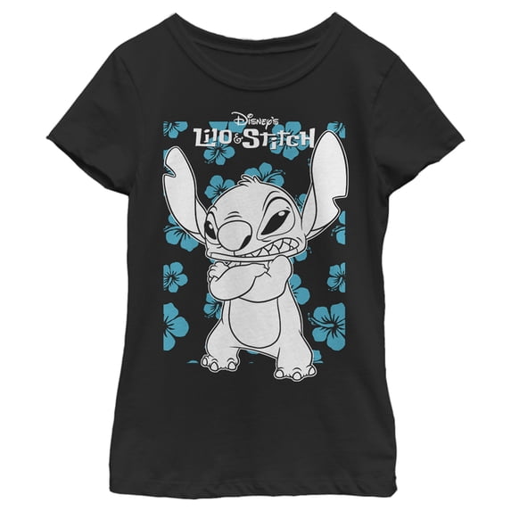 Girl's Lilo & Stitch Grumpy Blue Flowers Graphic Tee Black Large