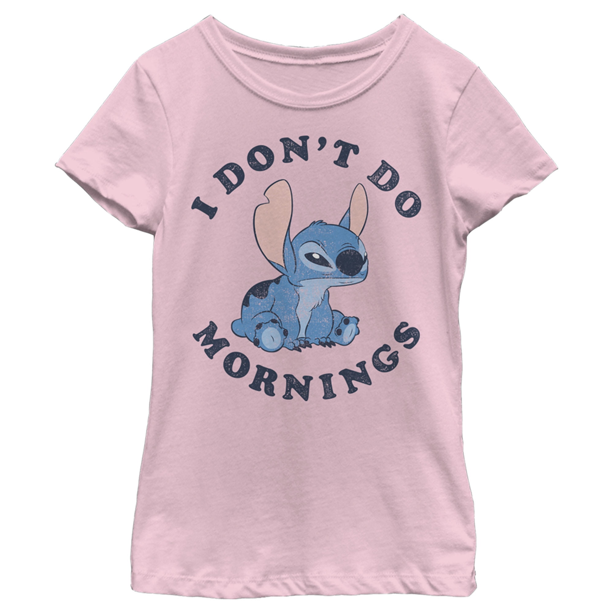 Girl's Lilo & Stitch I Don't Do Mornings Stitch Distressed Graphic Tee  Light Pink Large