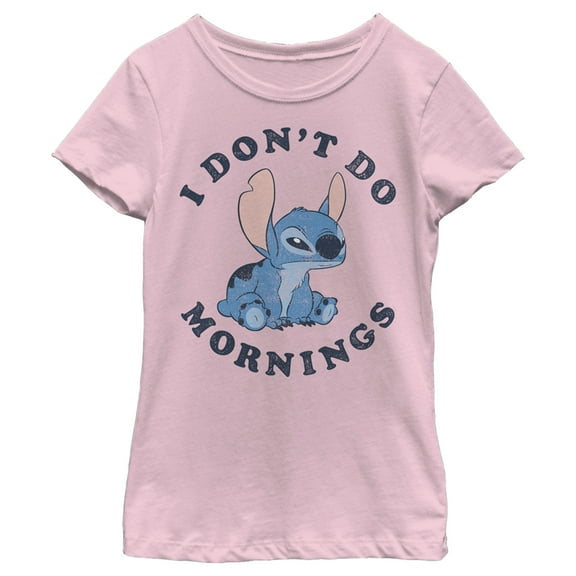 Girl's Lilo & Stitch I Don't Do Mornings Stitch Distressed  Graphic Tee Light Pink Small