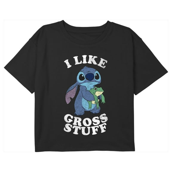 Girl's Lilo & Stitch I Like Gross Stuff Stitch Distressed Graphic Cropped T-Shirt Black Small