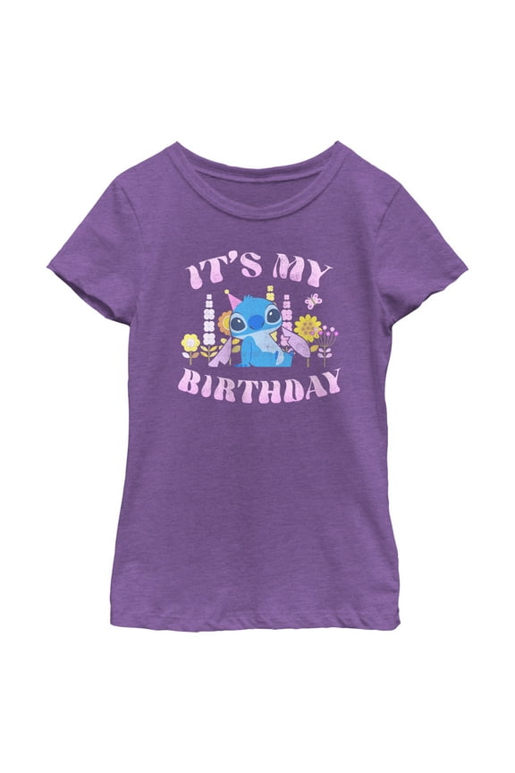 Girl's Lilo & Stitch It's My Birthday Distressed Graphic Tee Purple Berry Large