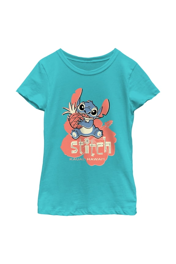 Girl's Lilo & Stitch Kauai Pineapple Stitch  Graphic Tee Tahiti Blue Small