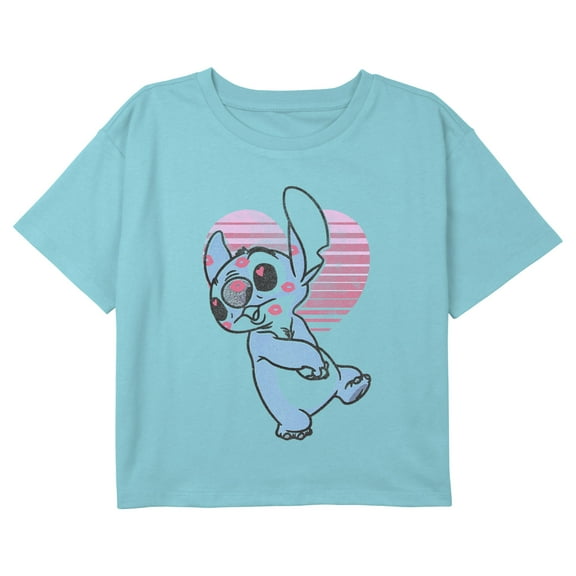 Girl's Lilo & Stitch Kiss Marks Face Graphic Cropped T-Shirt Blue Medium