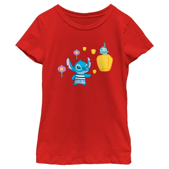 Girl's Lilo & Stitch Lantern Festival Scrump and Stitch Graphic Tee Red Medium