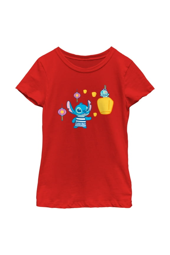 Girl's Lilo & Stitch Lantern Festival Scrump and Stitch  Graphic Tee Red Medium