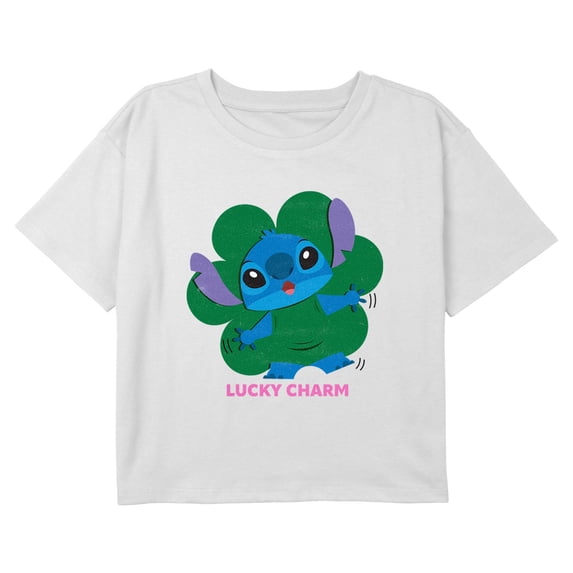 Girl's Lilo & Stitch Lucky Charm Clover Graphic Cropped T-Shirt