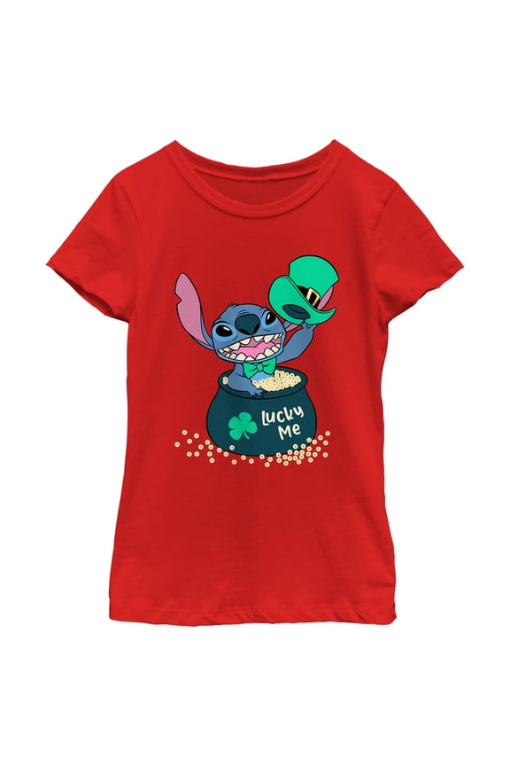 Girl's Lilo & Stitch Lucky Me Leprechaun Stitch Graphic Tee Red X Small