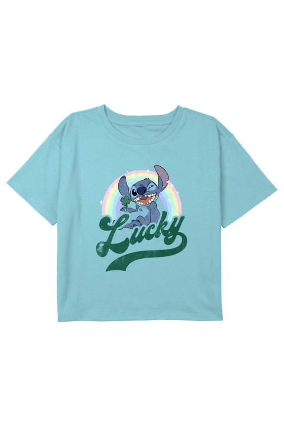 Girl's Lilo & Stitch Lucky Rainbow Wink Distressed Graphic Cropped T-Shirt Blue Large