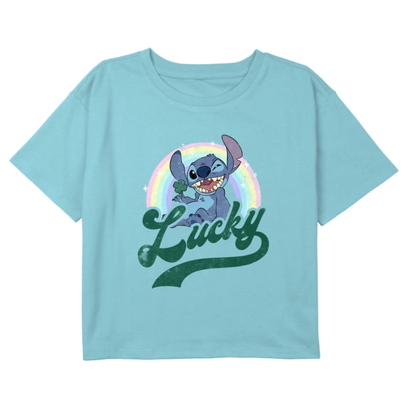 Girl's Lilo & Stitch Lucky Rainbow Wink Distressed Graphic Cropped T-Shirt Blue X Small