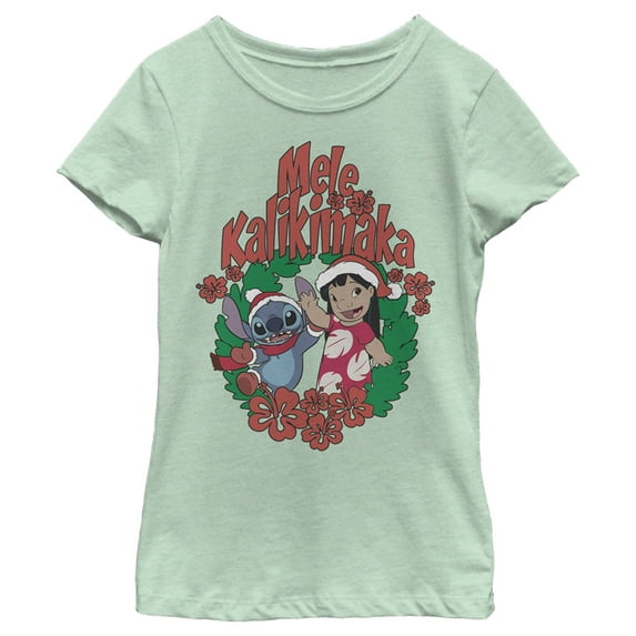 Girl's Lilo & Stitch Mele Kalikimaka Christmas Graphic Tee Mint Medium