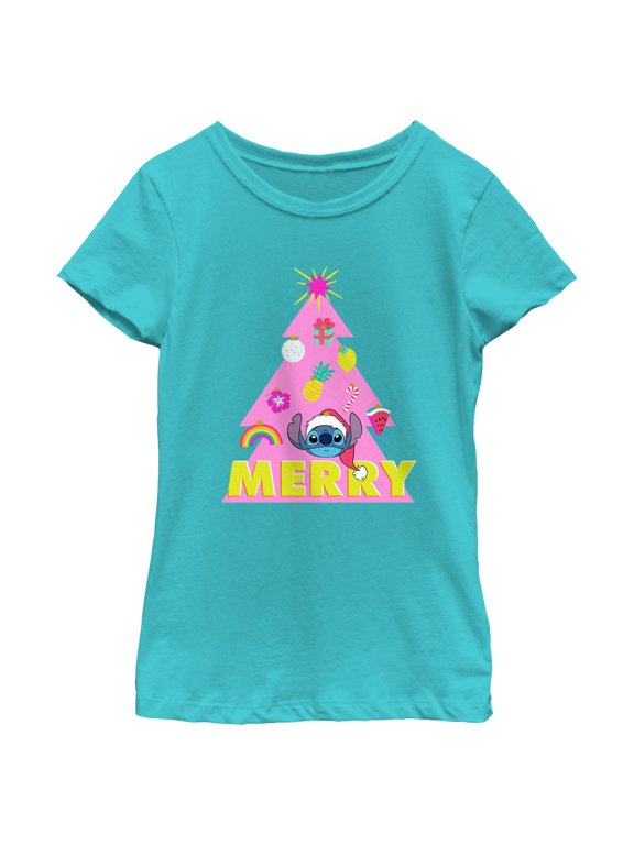 Girl's Lilo & Stitch Merry Christmas Tree Graphic Tee Tahiti Blue Large