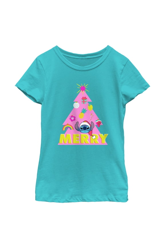 Girl's Lilo & Stitch Merry Christmas Tree Graphic Tee Tahiti Blue Medium
