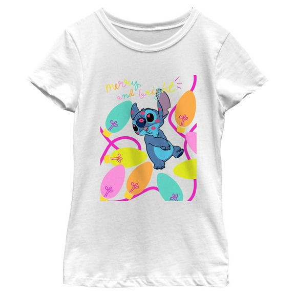 Girl's Lilo & Stitch Merry and Bright Kissy Face Graphic Tee White Medium