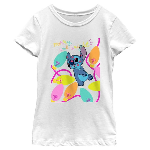 Girl's Lilo & Stitch Merry and Bright Kissy Face Graphic Tee White Medium