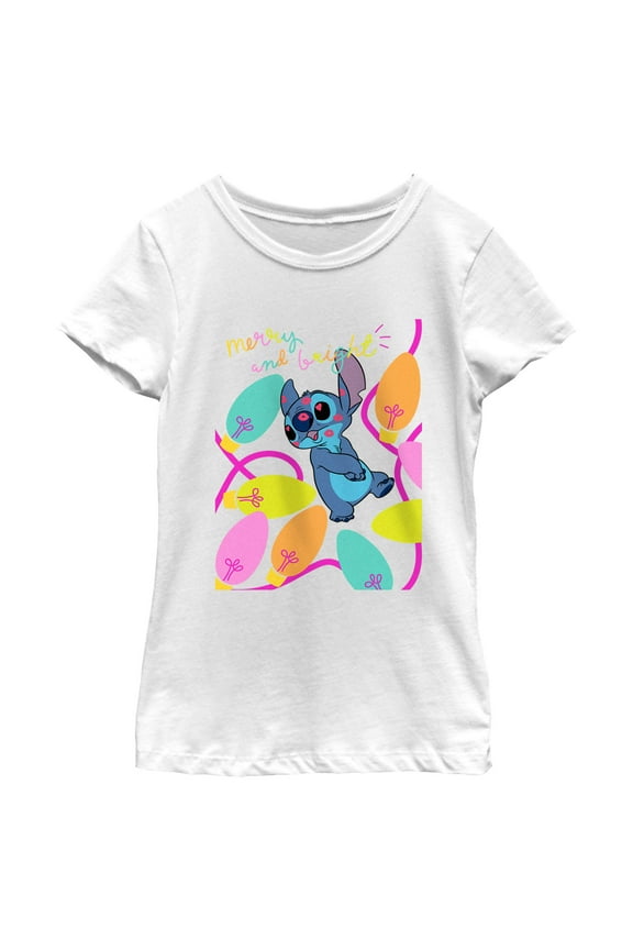 Girl's Lilo & Stitch Merry and Bright Kissy Face Graphic Tee White Medium