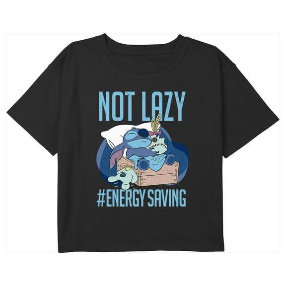 Girl's Lilo & Stitch Not Lazy Energy Saving Graphic Cropped T-Shirt Black Medium