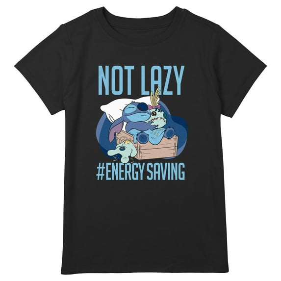 Girl's Lilo & Stitch Not Lazy, Saving Energy Graphic Tee Black Medium Plus
