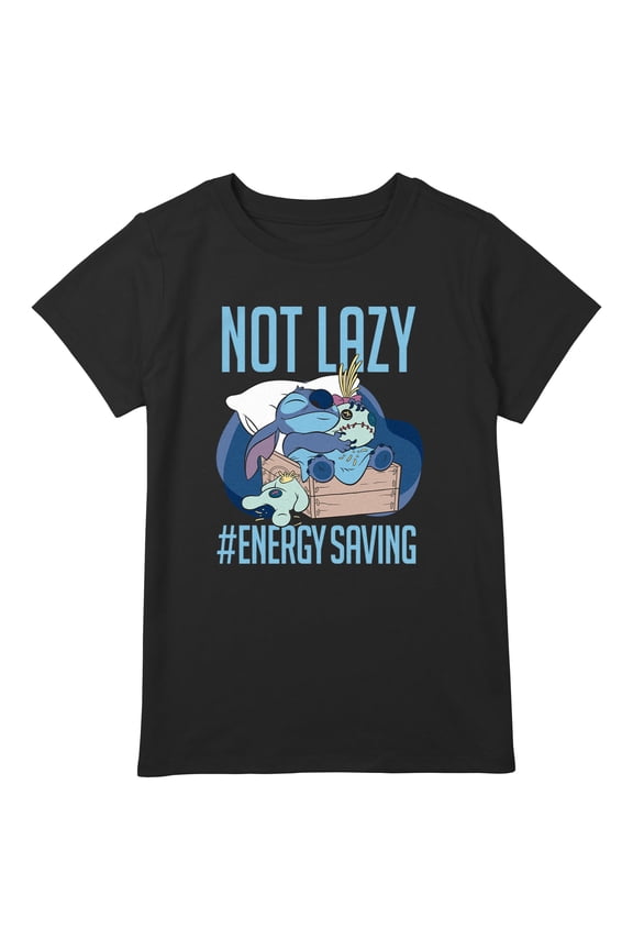 Girl's Lilo & Stitch Not Lazy, Saving Energy Graphic Tee Black XX Large Plus