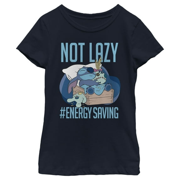 Girl's Lilo & Stitch Not Lazy, Saving Energy Graphic Tee Navy Blue X Large