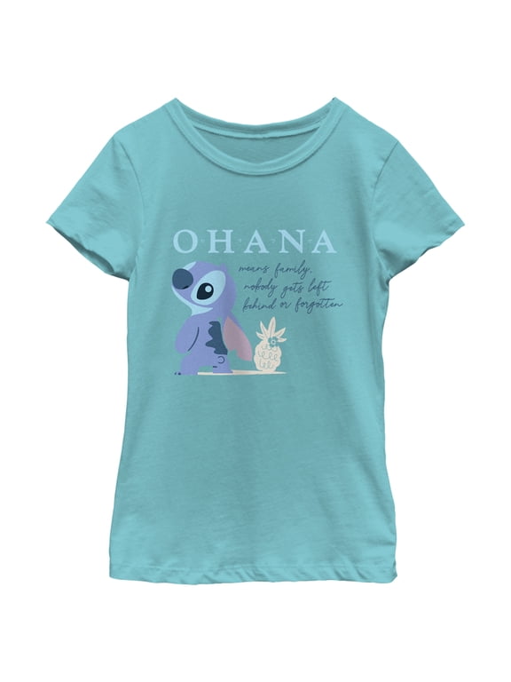 Girl's Lilo & Stitch Ohana Means Family Nobody Gets Left Behind or Forgotten Graphic Tee Tahiti Blue Small