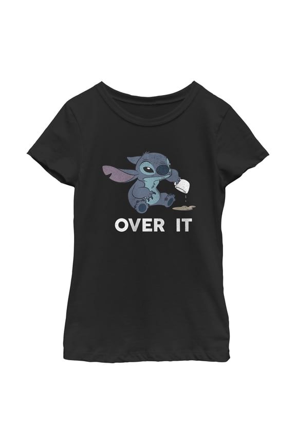 Girl's Lilo & Stitch Over It Distressed Stitch Graphic Tee Black Large
