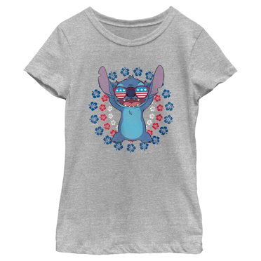 Girl's Lilo & Stitch Patriotic Hibiscus Circles  Graphic Tee Athletic Heather Large