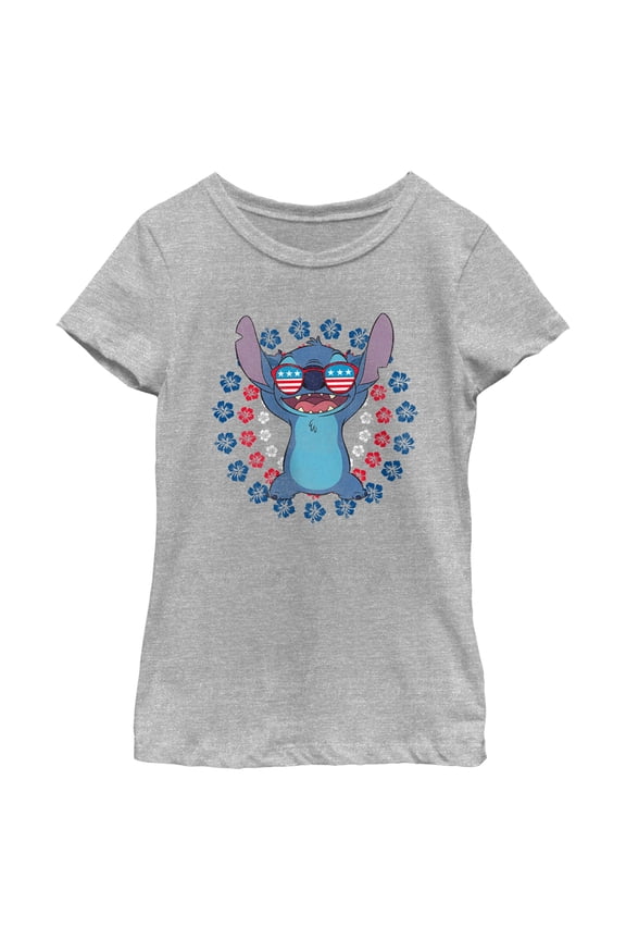 Girl's Lilo & Stitch Patriotic Hibiscus Circles Graphic Tee Athletic Heather Medium