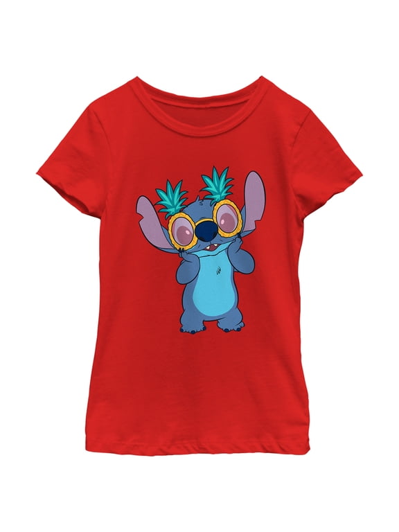 Girl's Lilo & Stitch Pineapple Glasses Stitch Graphic Tee Red Medium