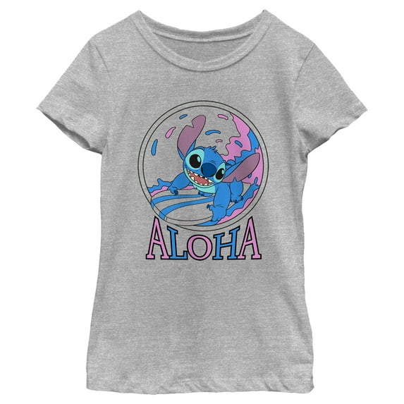 Girl's Lilo & Stitch Pink and Blue Aloha Graphic Tee Athletic Heather X Large