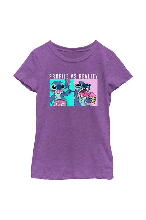Girl's Lilo & Stitch Profile VS Reality Meme Graphic Tee Purple Berry X Large