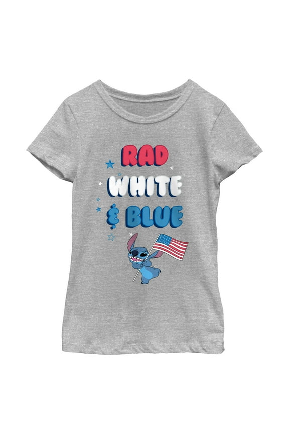 Girl's Lilo & Stitch Rad White and Blue Graphic Tee Athletic Heather Large