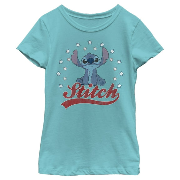 Girl's Lilo & Stitch Red, White, and Blue Stars  Graphic Tee Tahiti Blue Large