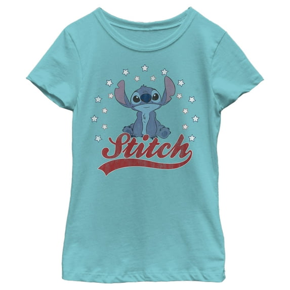 Girl's Lilo & Stitch Red, White, and Blue Stars Graphic Tee Tahiti Blue Small
