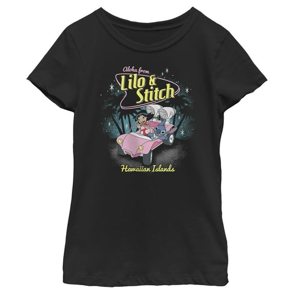 Girl's Lilo & Stitch Retro '50s Hawaiian Islands Graphic Tee Black Small
