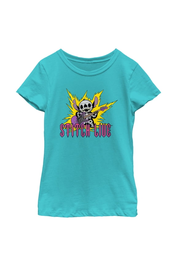 Girl's Lilo & Stitch Rocker Stitch Live Graphic Tee Tahiti Blue Large
