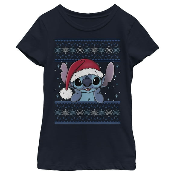 Girl's Lilo & Stitch Santa Hat Ugly Sweater  Graphic Tee Navy Blue Large