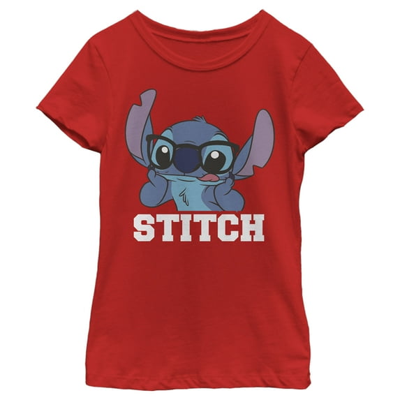Girl's Lilo & Stitch Silly Black Glasses Graphic Tee Red Large