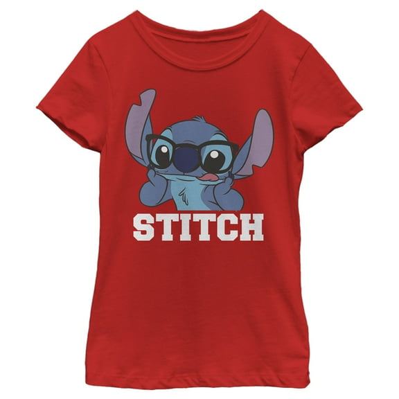 Girl's Lilo & Stitch Silly Black Glasses  Graphic Tee Red X Large