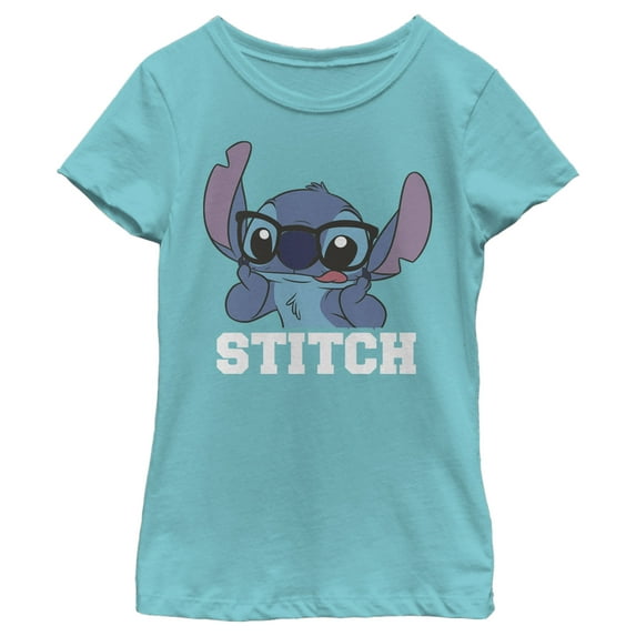 Girl's Lilo & Stitch Silly Black Glasses Graphic Tee Tahiti Blue Large